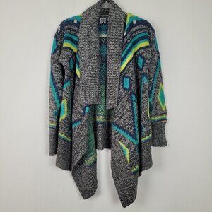 ROXY Gray Blue Boho Tribal Print Open Front Waterfall Cardigan S
